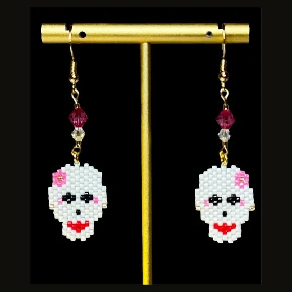 Beaded Whimsical Skull Earrings with Pink Accents - Gold Plated - Hand Crafted - Picture 5 of 6